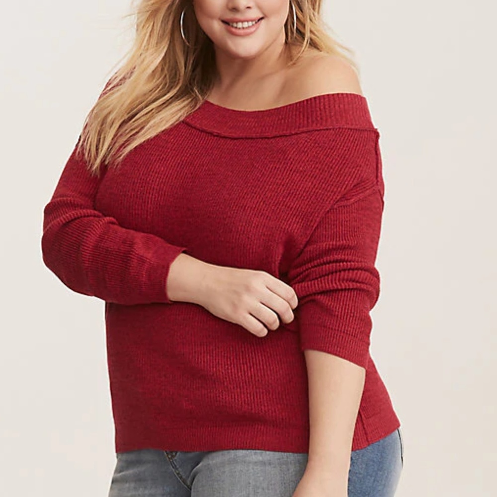 Torrid 1X 5X SWEATER Red Off Shoulder Ribbed Top - Picture 2 of 3